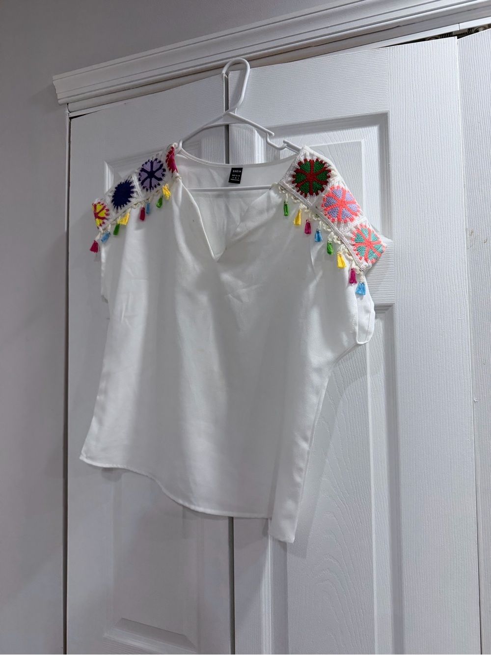 SHEIN White Embroidered Tassel Shoulder Top